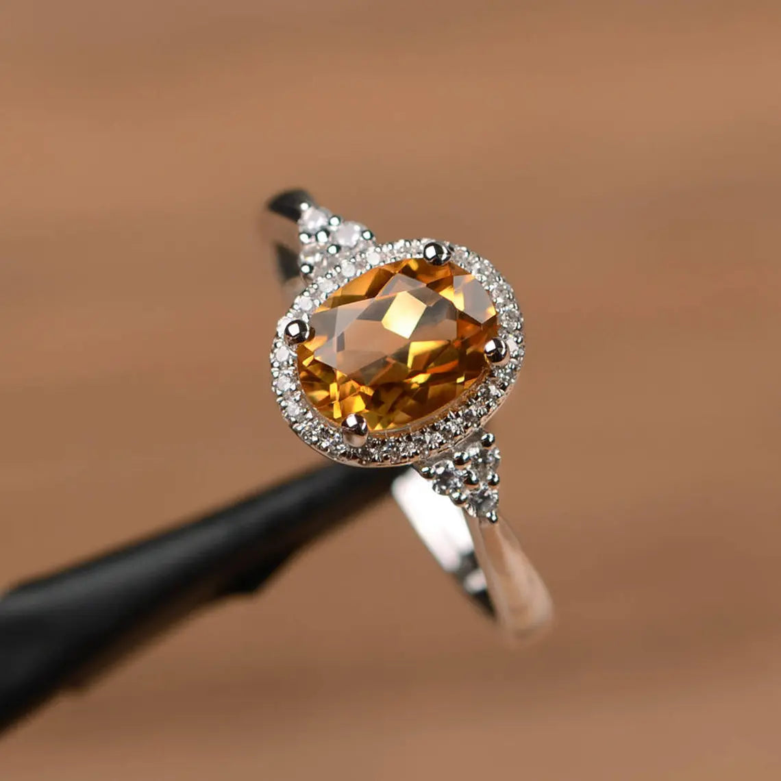 Natural Oval Cut Citrine Promise Halo Rings - 925 Sterling Silver Rings