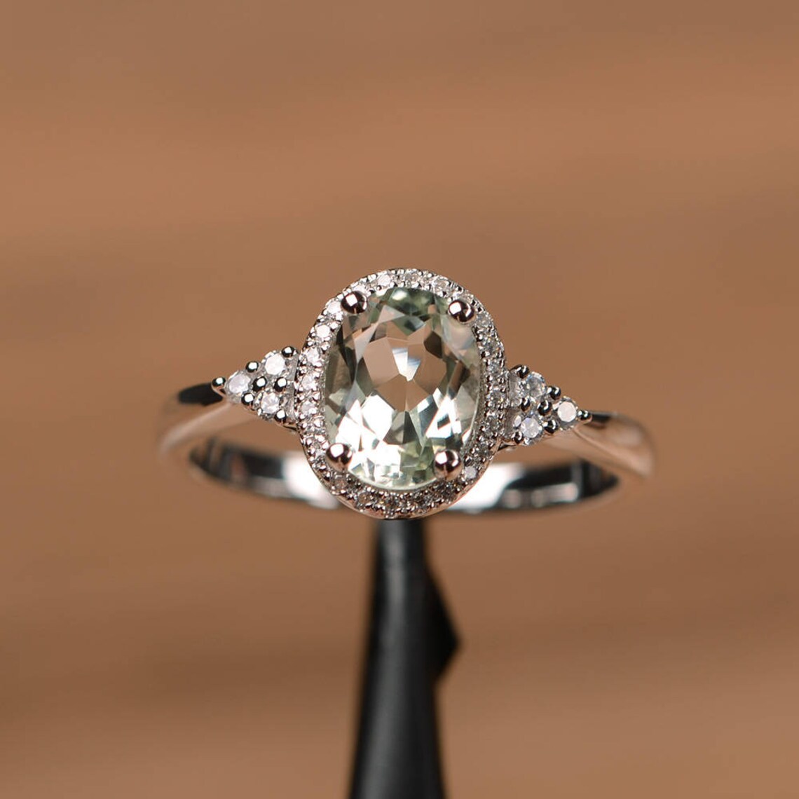 Natural Oval Cut Green Amethyst Halo Engagement Ring - 925 Sterling Silver Ring