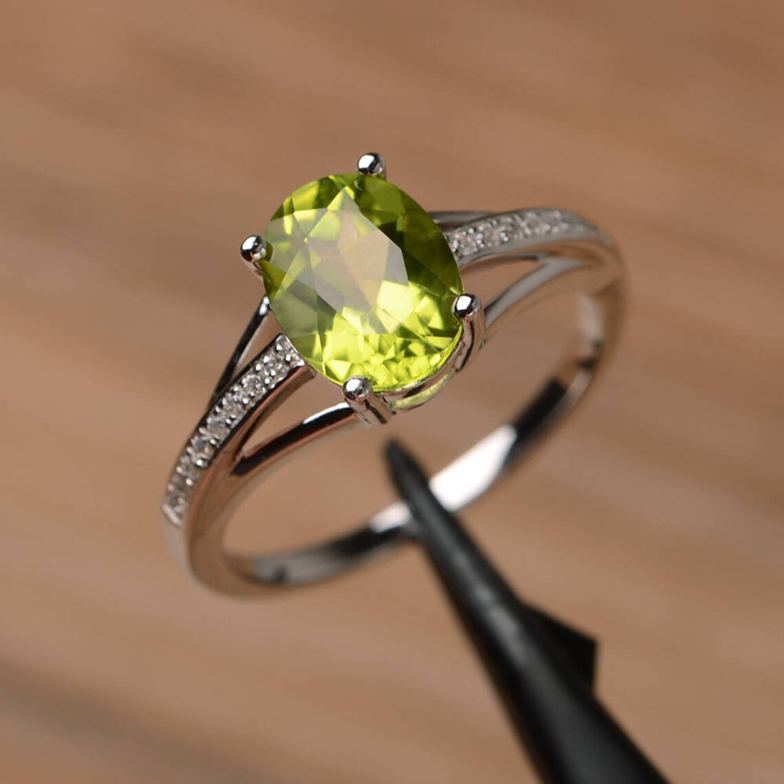 Natural Oval Cut Peridot Unique Promise Rings - 925 Sterling Silver Ring