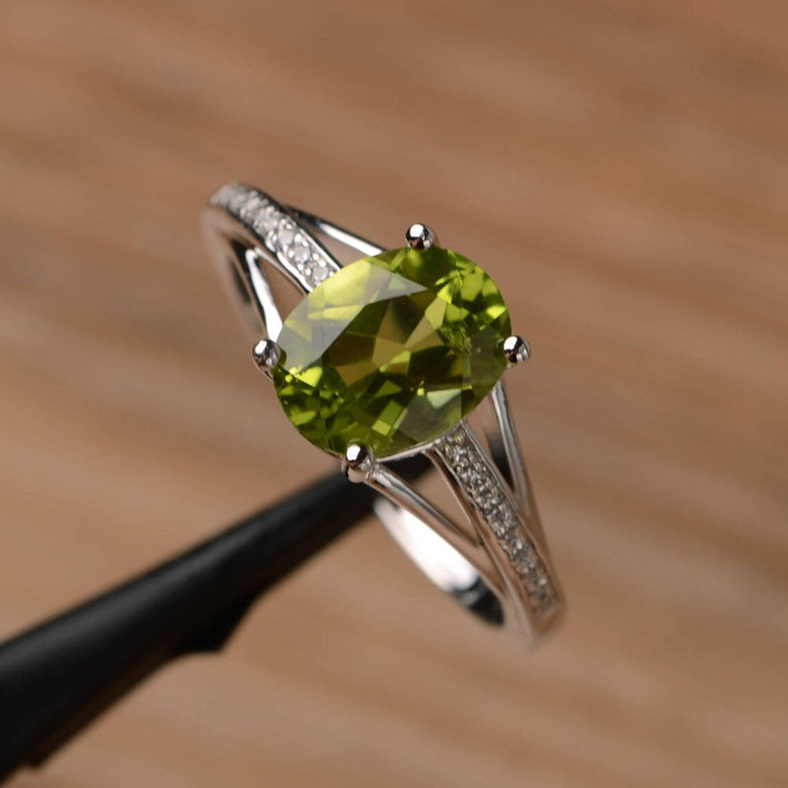 Natural Oval Cut Peridot Unique Promise Rings - 925 Sterling Silver Ring