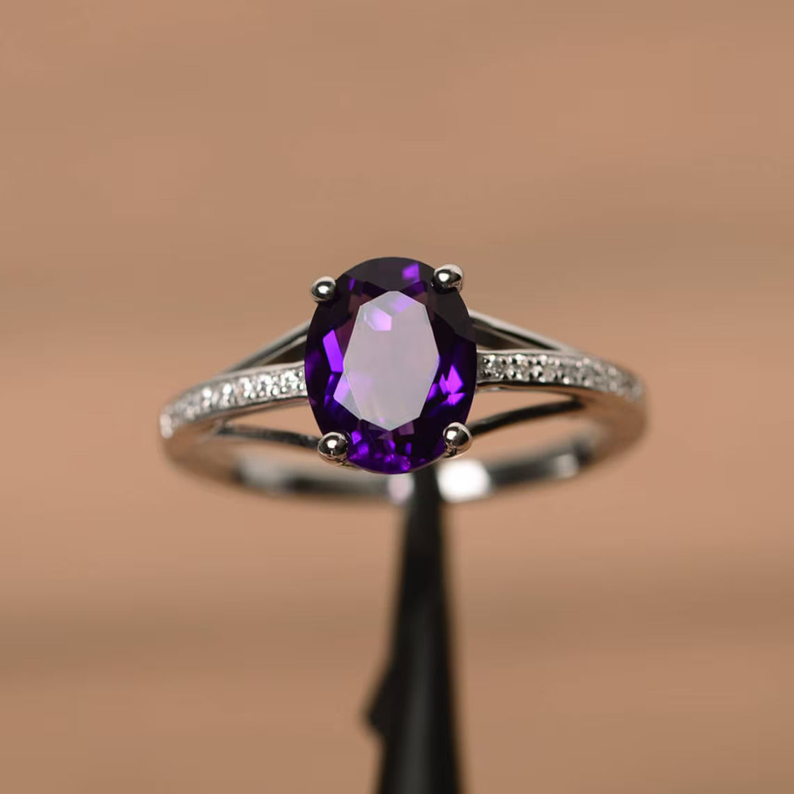 Natural Oval Cut Amethyst Promise Ring - 925 Sterling Silver Ring