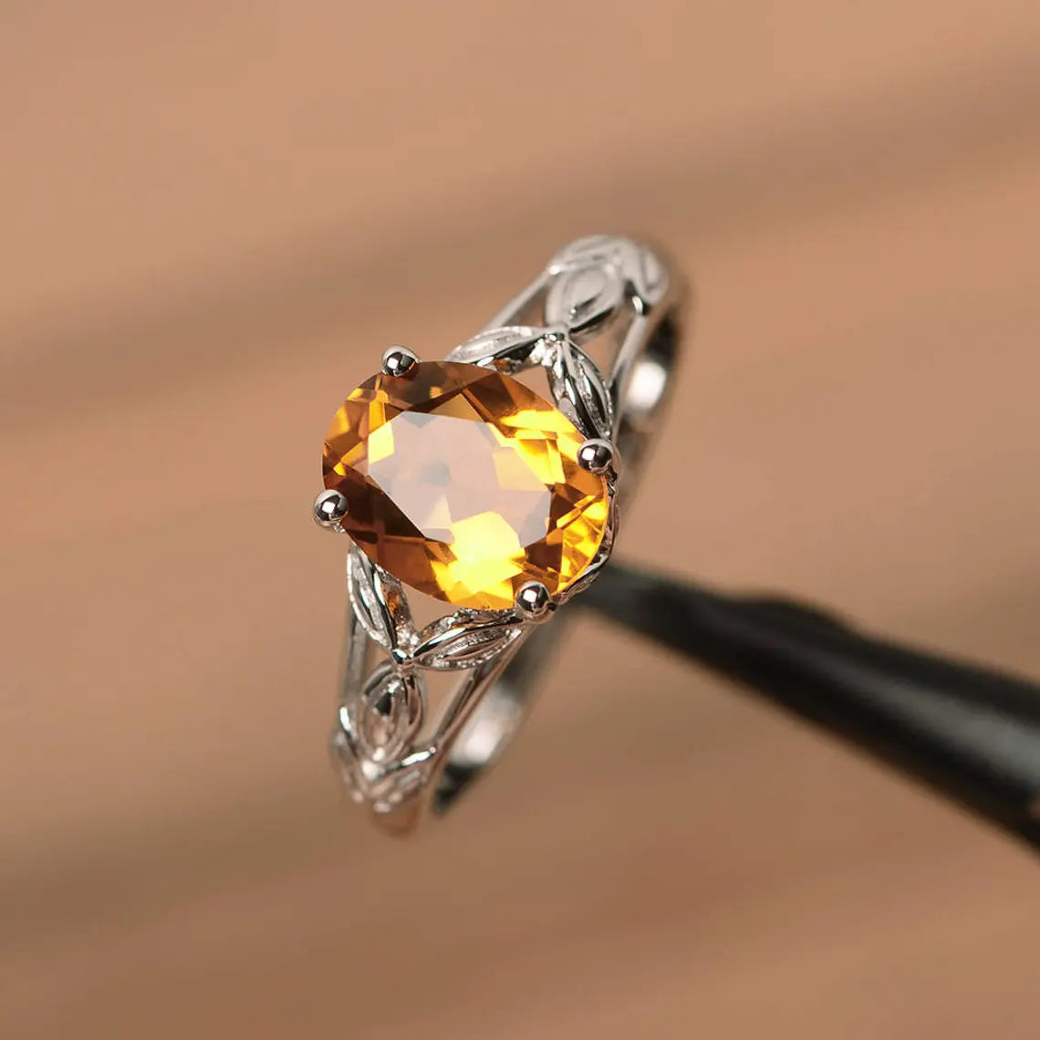 Bague solitaire citrine ovale naturelle - Bague en argent sterling 925