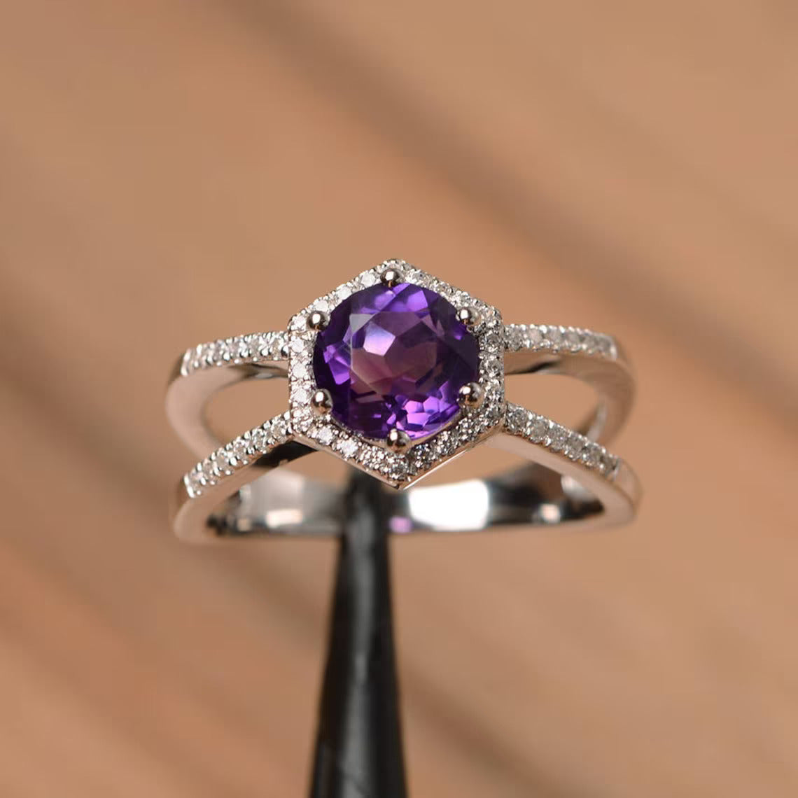 Natural Round Cut Amethyst Vintage Promise Ring