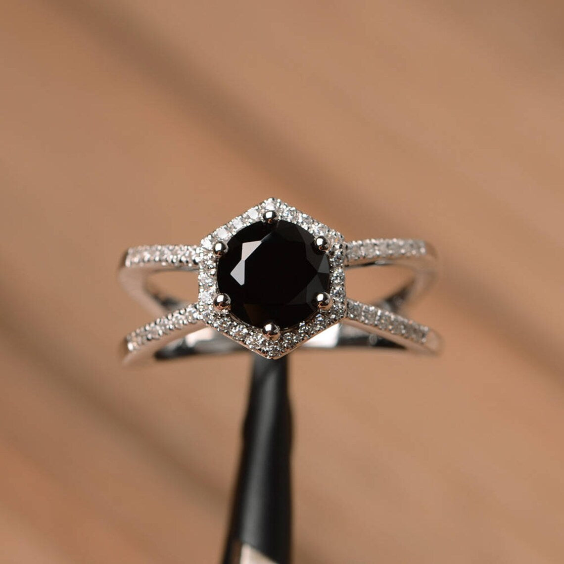 Bague de mariage en onyx noir coupé rond naturel - Bague en argent sterling 925