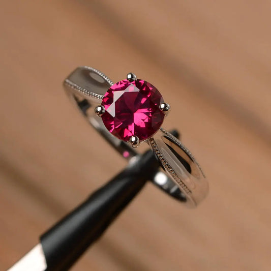 Cute Lab Created Round Cut Ruby SImple Solitaire Rings 