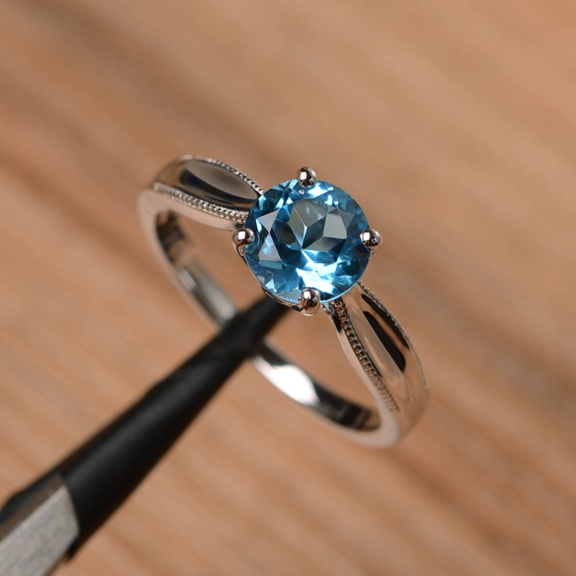 Natural Round Cut Blue Topaz Solitaire Promise 925 Sterling Silver Ring