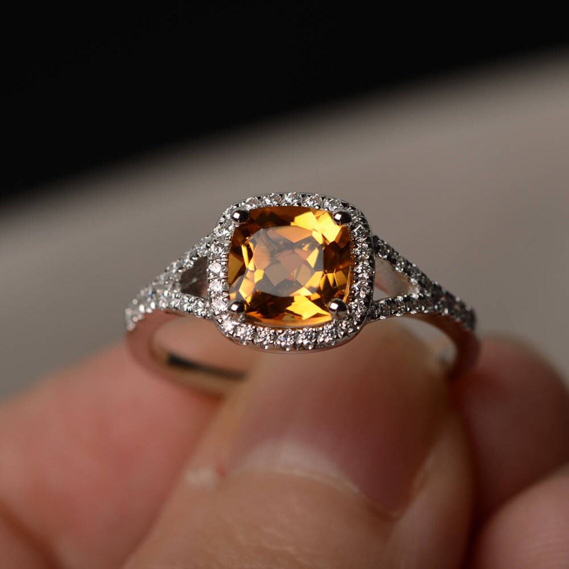 Natural Cushion Cut Citrine Engagement  925 Solid Sterling Silver Rings