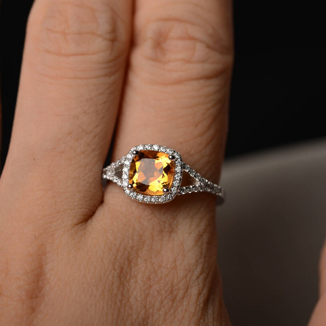 Bague de fiançailles en citrine naturelle taille coussin - Argent sterling massif 925