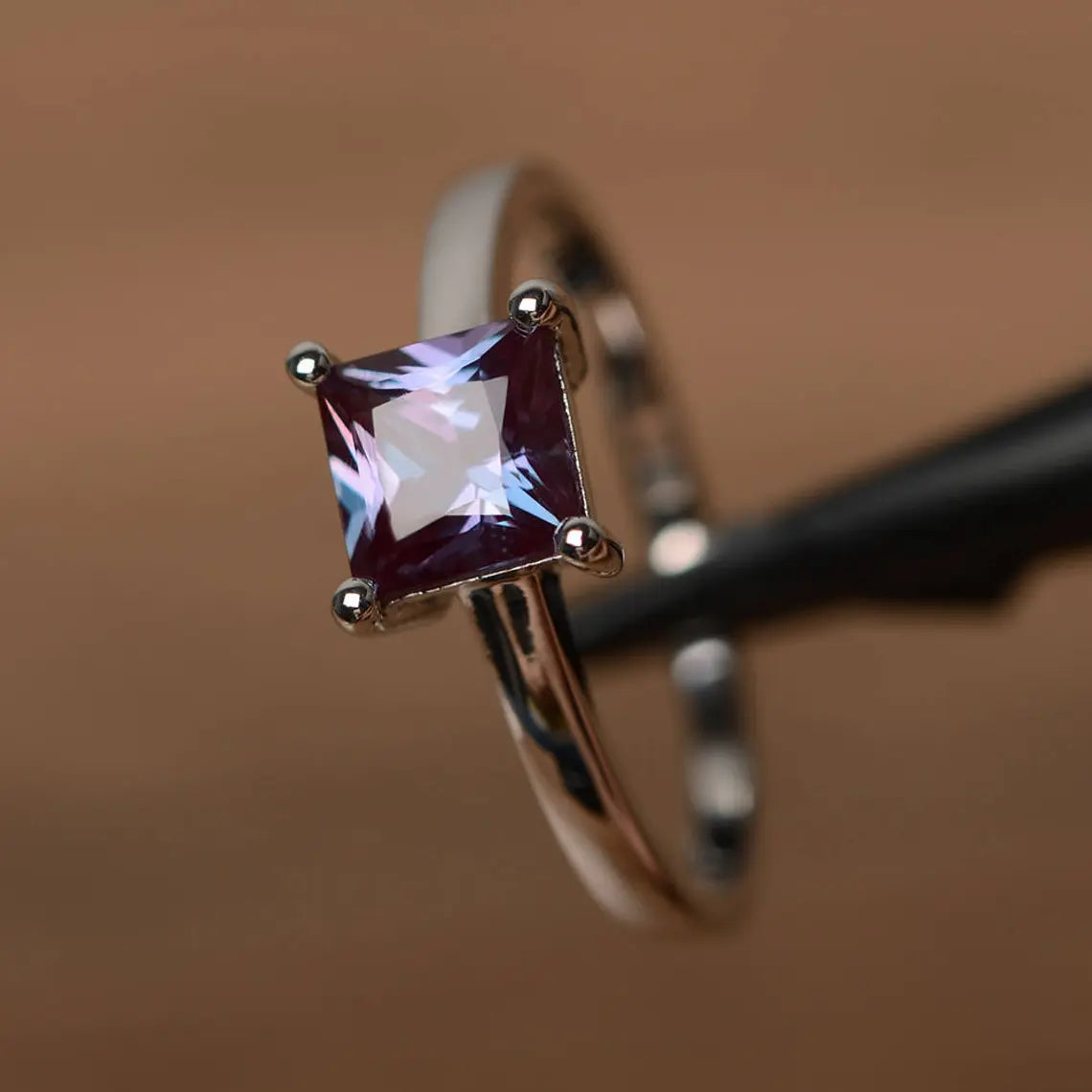 Alexandrite Square Cut Simple Promise Ring - 925 Sterling Silver Rings