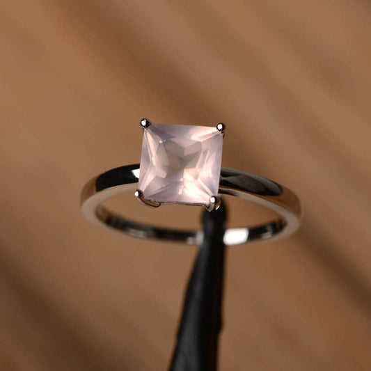 Natural Square Cut Rose Quartz Simple Solitaire Rings