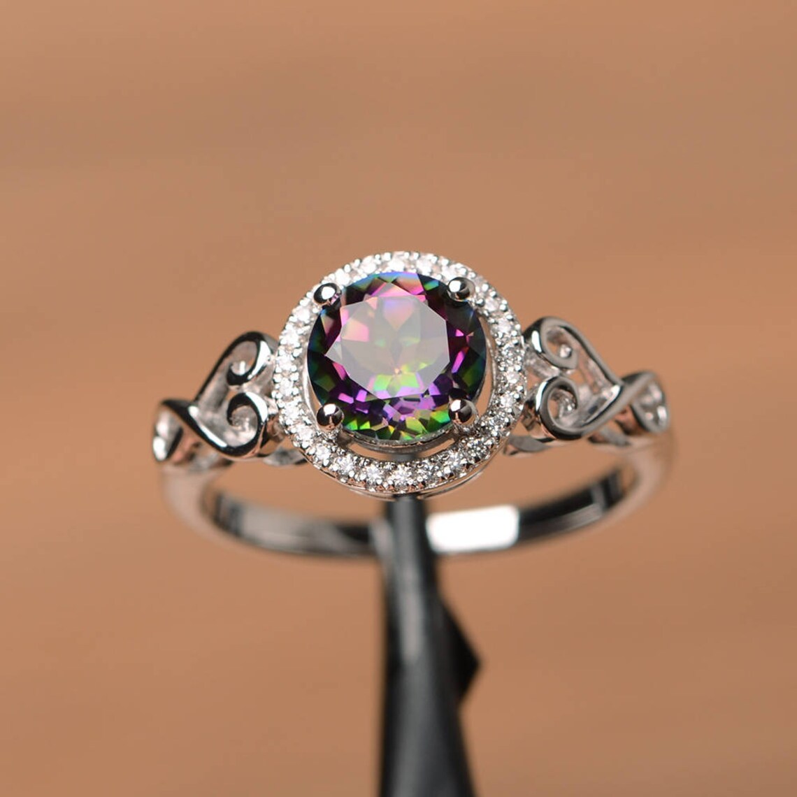 Natural Round Cut Mystic Topaz Halo Engagement Rings For Women - 925 Sterling Silver Ring