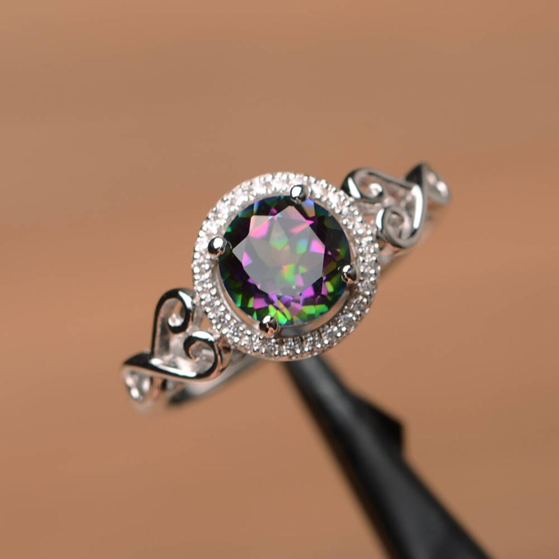 Natural Round Cut Mystic Topaz Halo Engagement Rings For Women - 925 Sterling Silver Ring