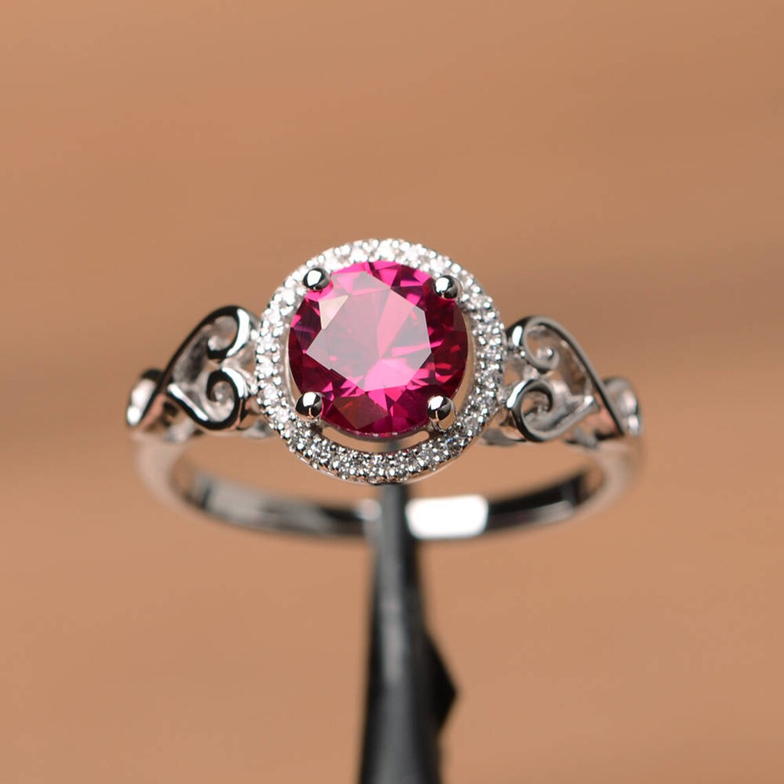 Cute Round Cut Ruby Halo Promise Rings - 925 Sterling Silver Rings