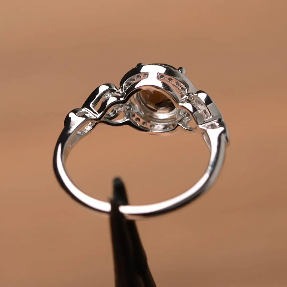 Natural Round Cut Smoky Quartz Halo Promise Statement Ring For Women - 925 Sterling Silver Ring