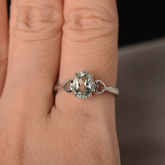 Bague solitaire en améthyste verte de coupe ovale naturelle - Bague en argent sterling 925