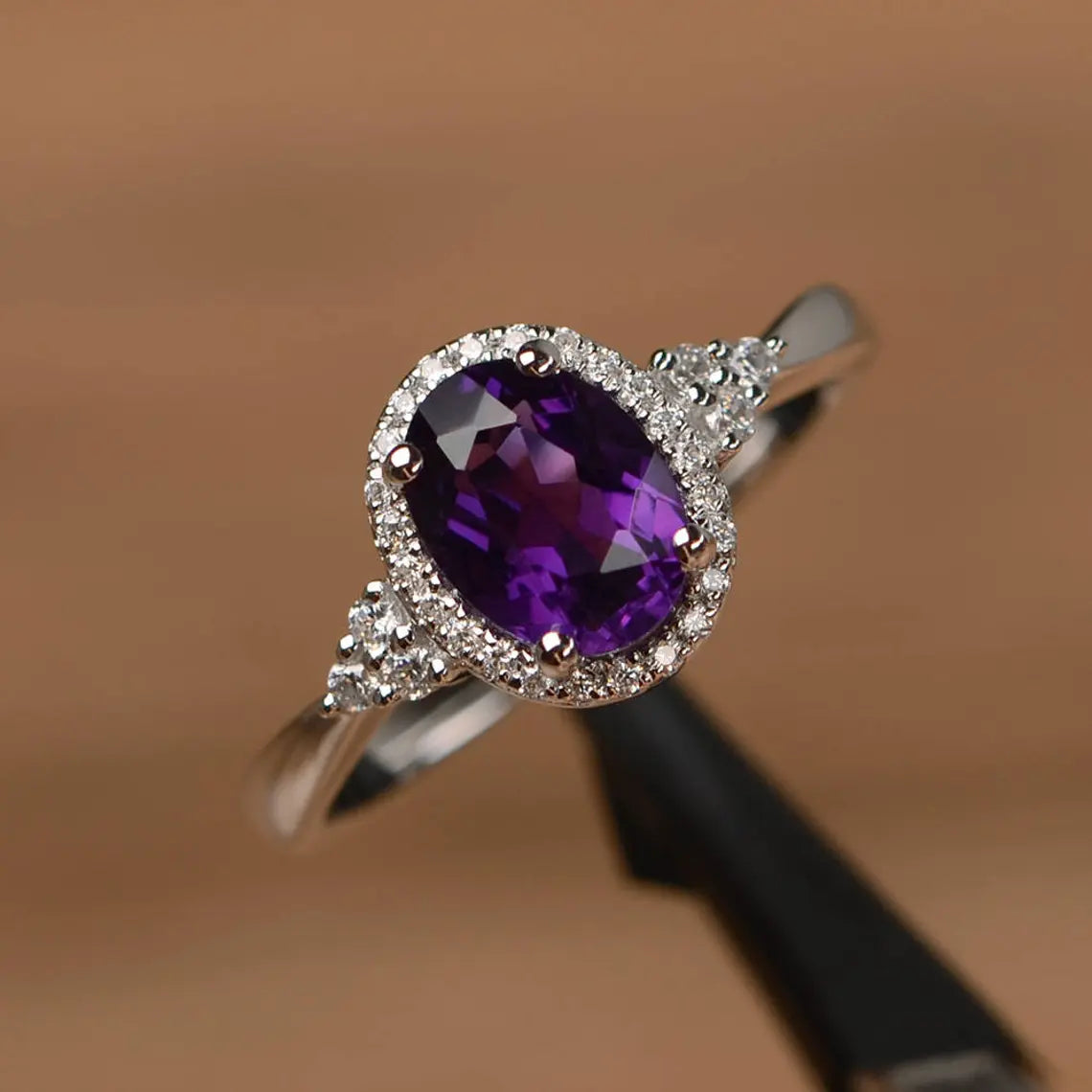 Natural Oval Cut Amethyst Halo Promise Rings 