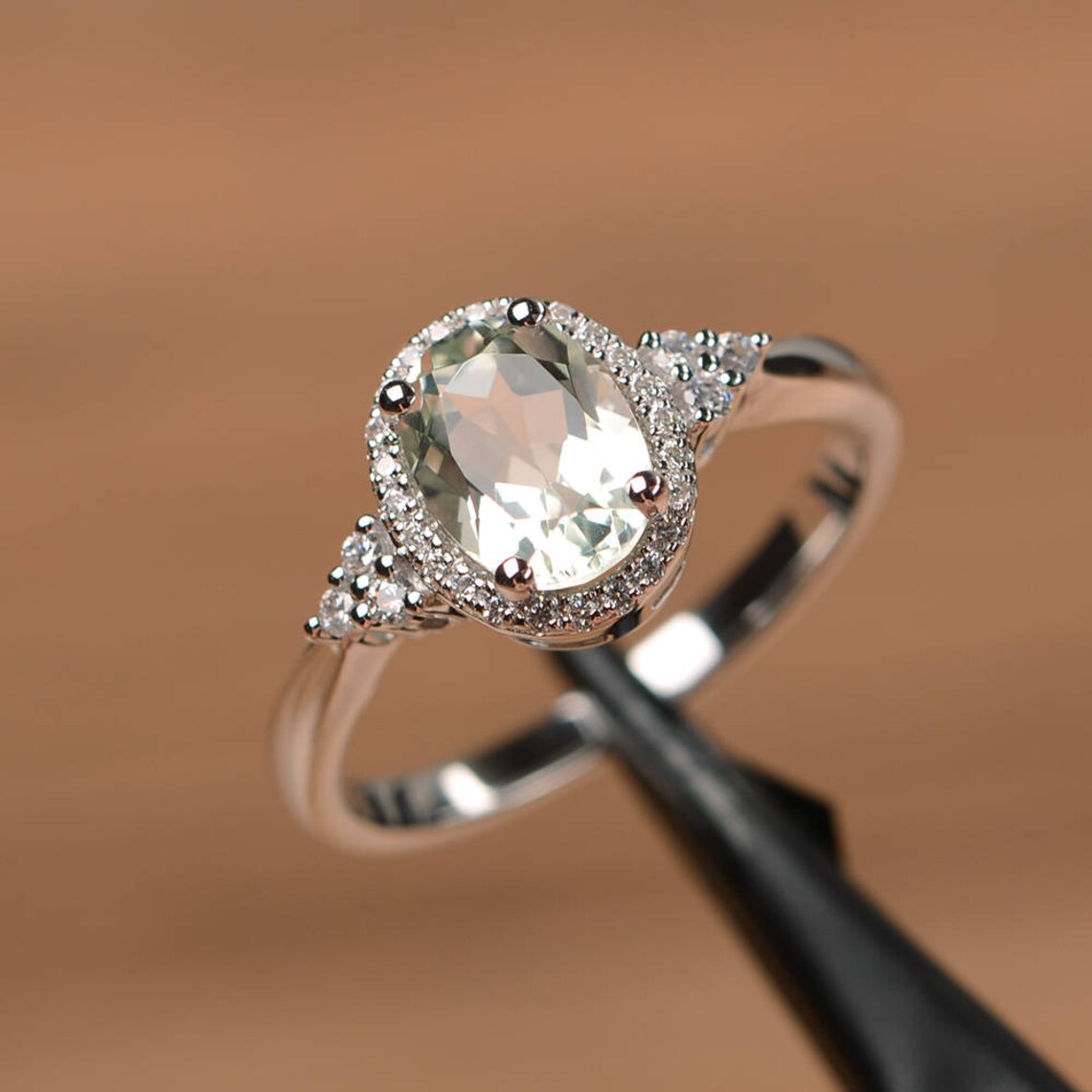 Natural Oval Cut Green Amethyst Halo Engagement Ring - 925 Sterling Silver Ring