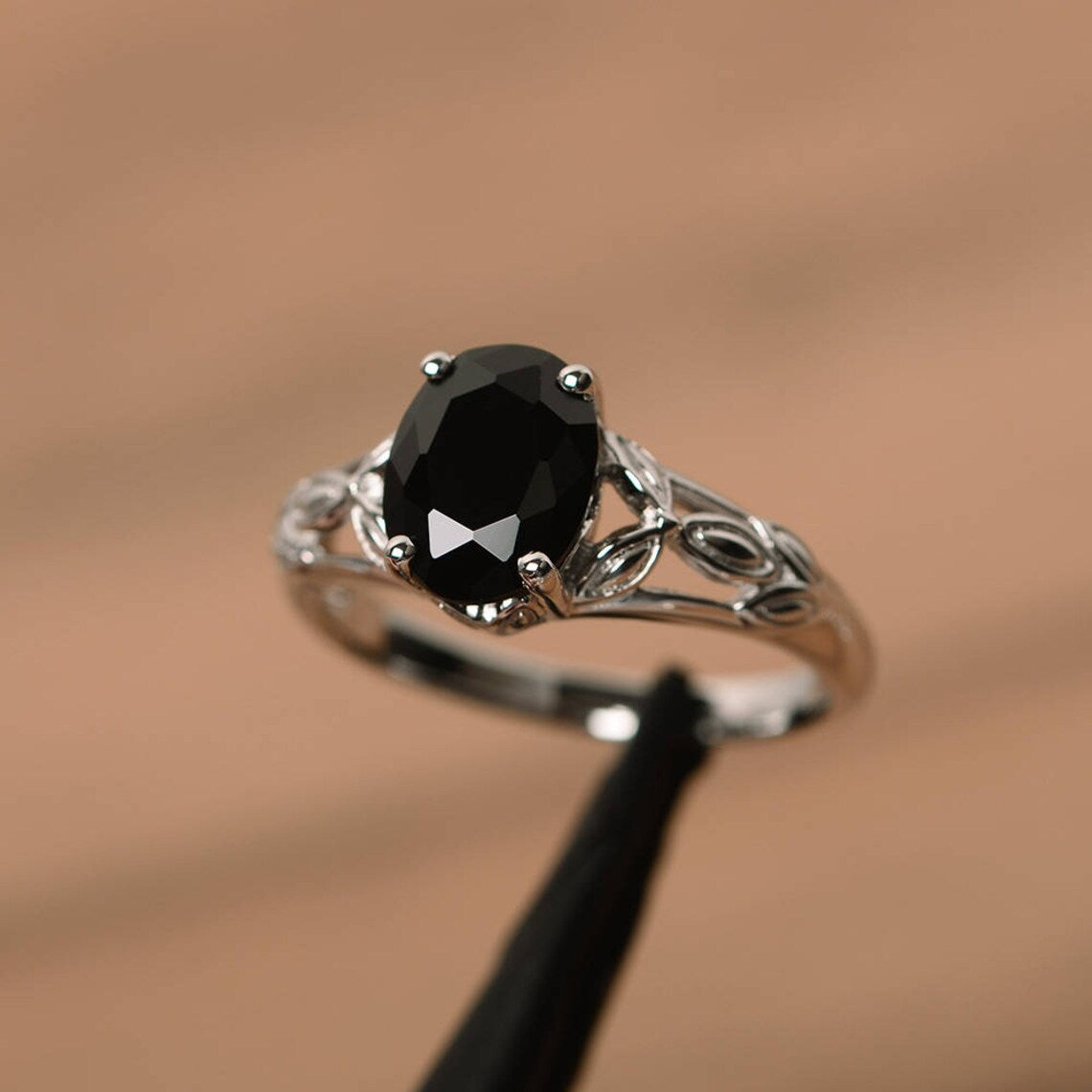 Natural Oval Cut Black Onyx Solitaire Rings - 925 Sterling Silver Statement Rings