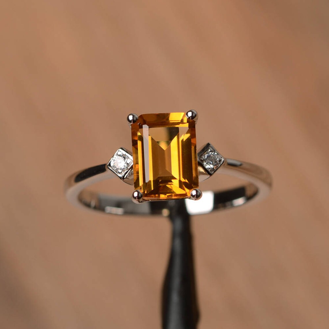 Natural Emerald Cut Prong Set Citrine Promise Statement Rings For Women -925 Sterling Silver Ring