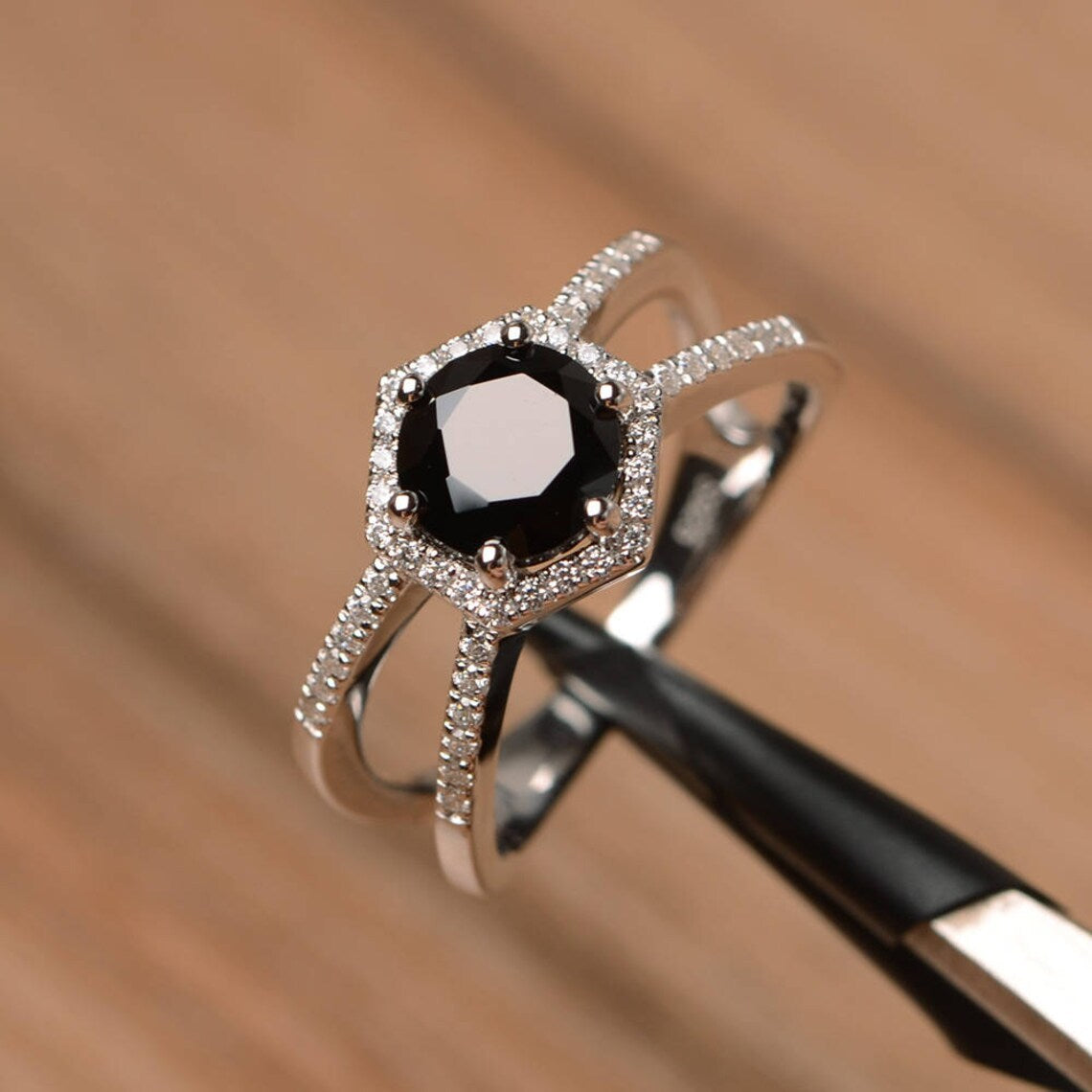 Bague de mariage en onyx noir coupé rond naturel - Bague en argent sterling 925