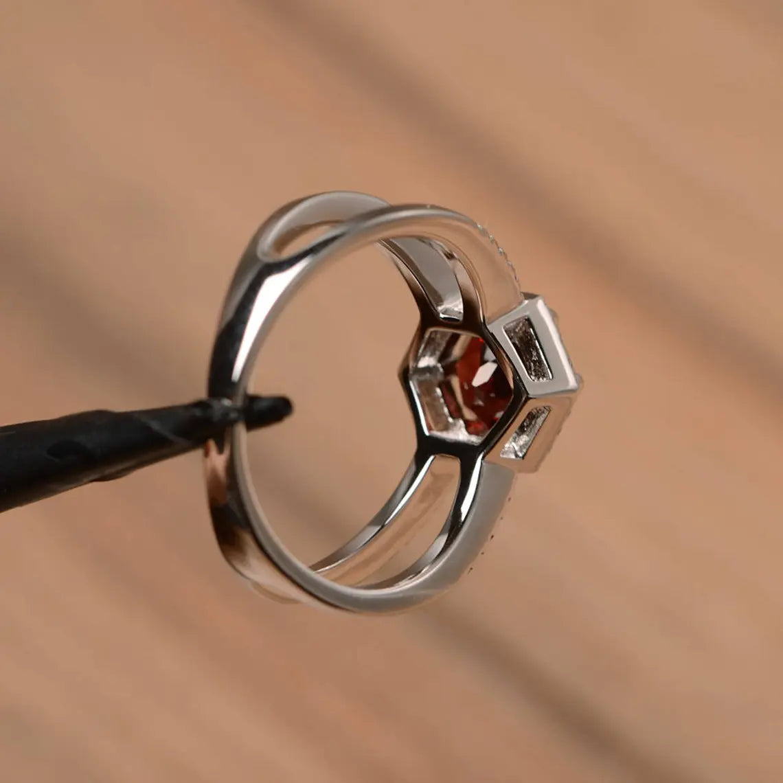 Natural Round Cut Garnet Wedding Halo Ring - 925 Sterling SIlver Ring