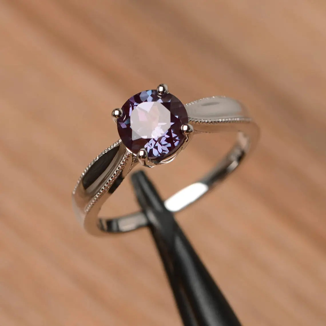 Alexandrite Round Cut Simple Solitaire Ring - 925 Sterling Silver Rings