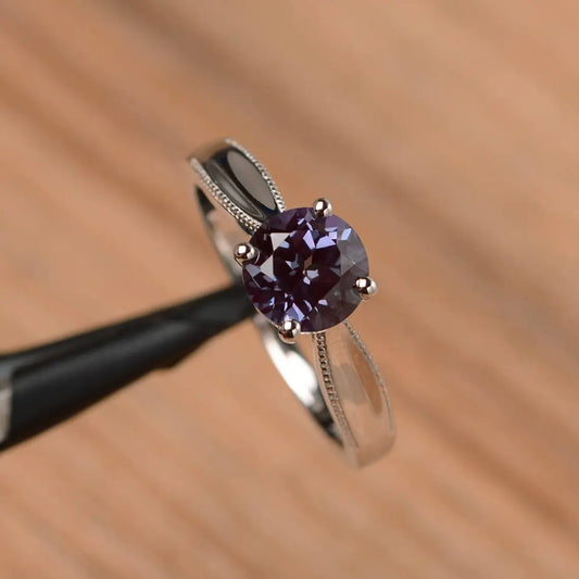 Alexandrite Round Cut Simple Solitaire Ring - 925 Sterling Silver Rings