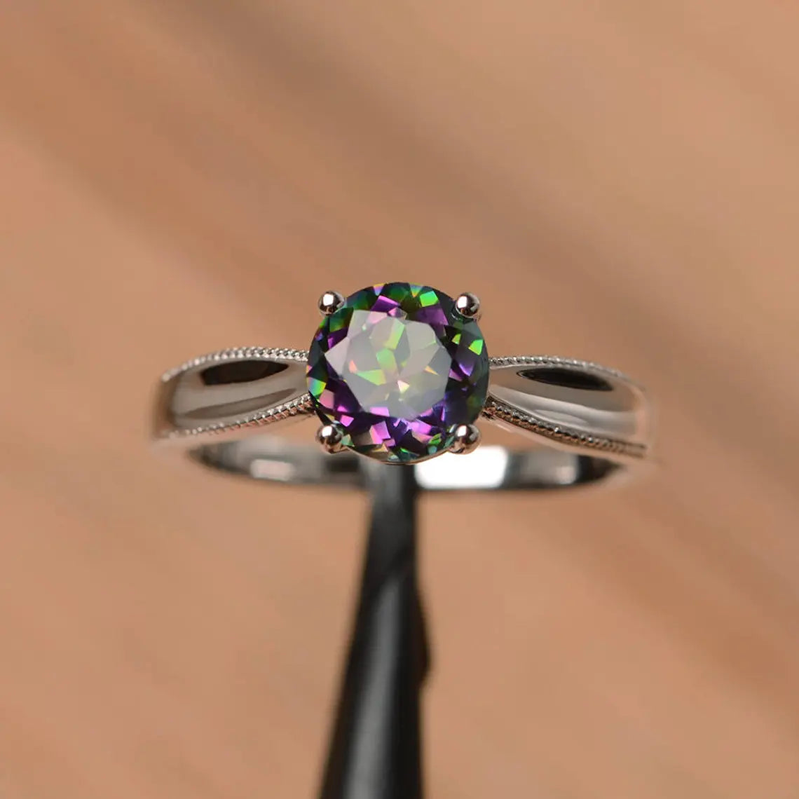 Natural Round Cut Mystic Topaz Solitaire Promise Rings For Women - 925 Sterling Silver Ring