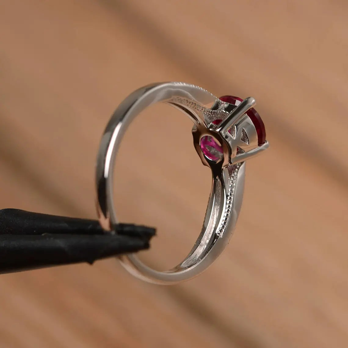 Cute Lab Created Round Cut Ruby SImple Solitaire Rings - 925 Sterling Silver Rings
