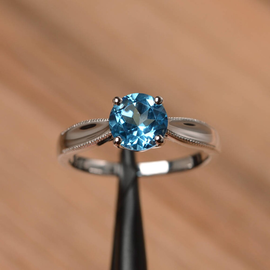 Natural Round Cut Blue Topaz Solitaire Promise 925 Sterling Silver Ring