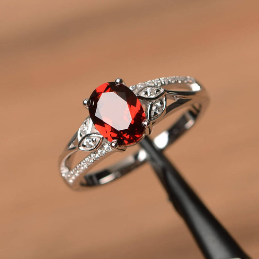 Natural Oval Cut Garnet Wedding Ring - 925 Sterling Silver Rings