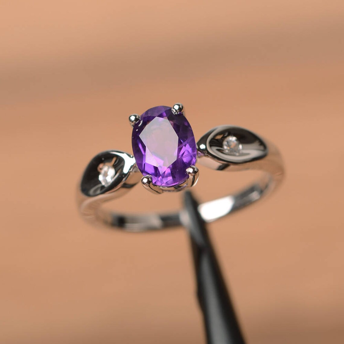 Natural Oval Cut Amethyst Promise Rings 