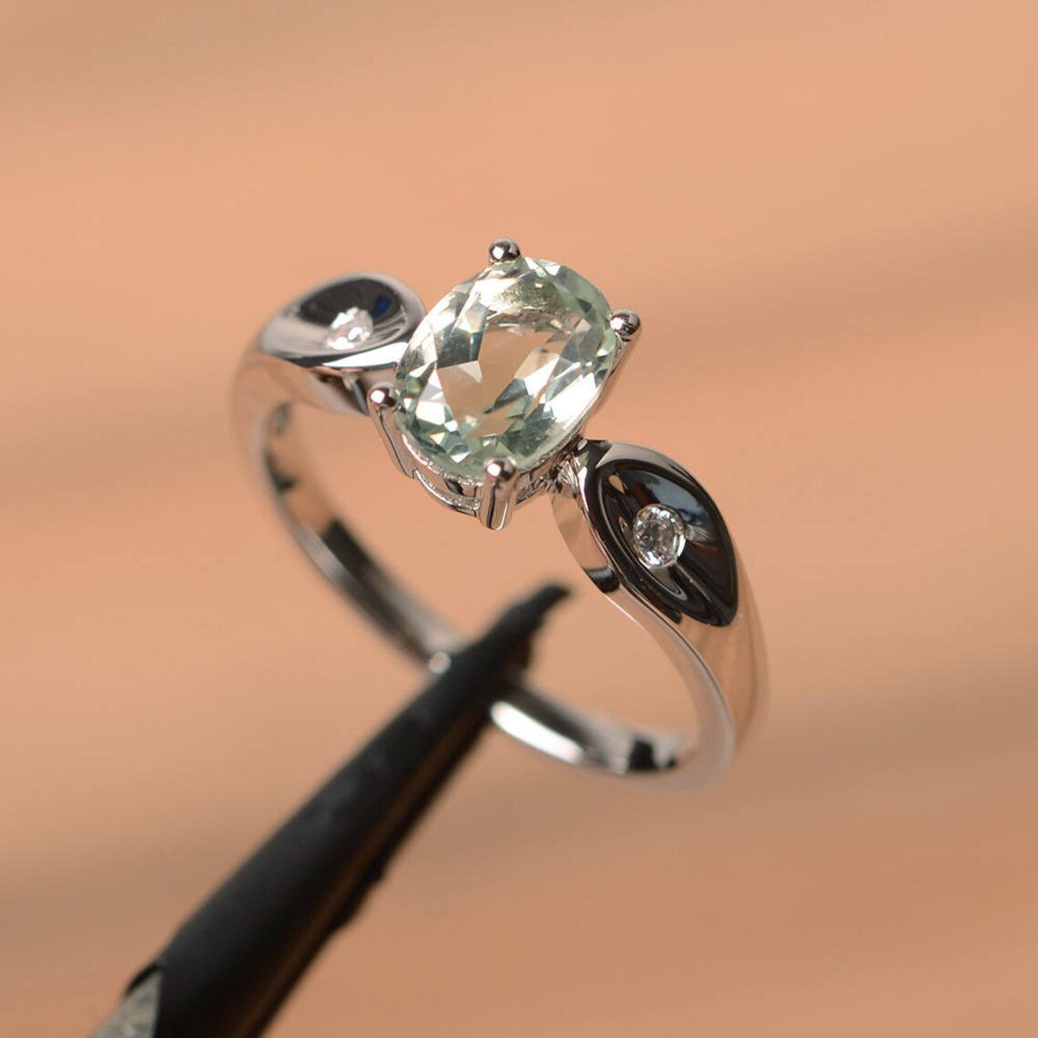 Natural Oval Cut Green Amethyst Simple Promise Rings - 925 Sterling Silver Rings