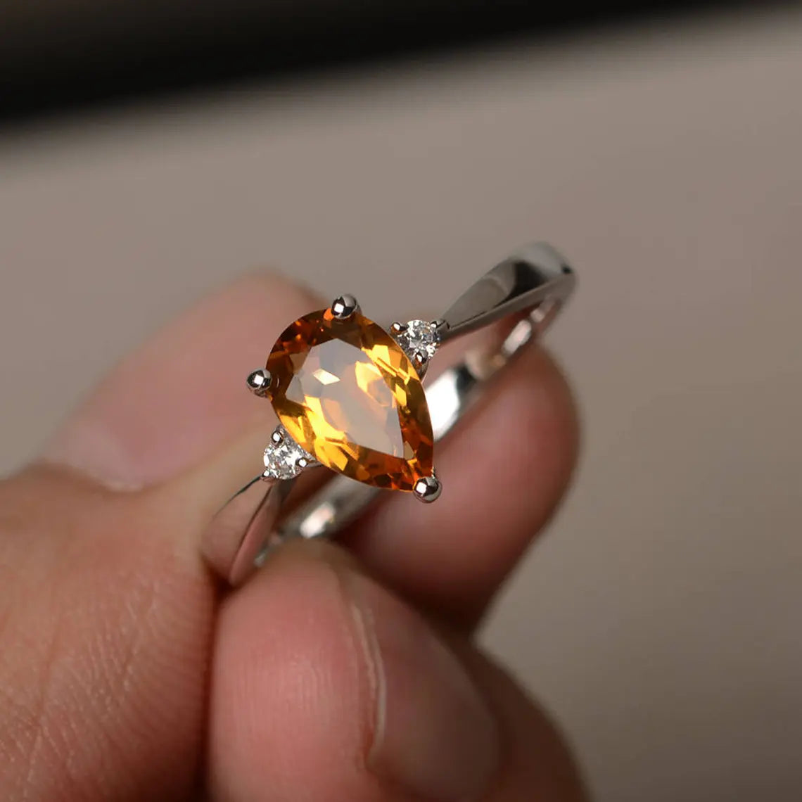 Bague citrine naturelle taille poire - Argent sterling massif 925