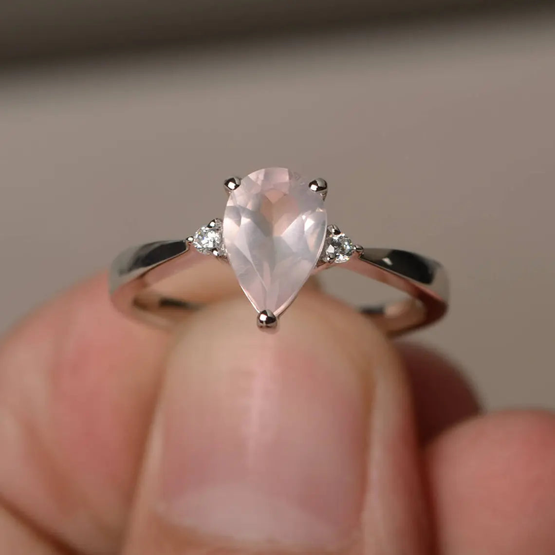 Bague de déclaration en quartz rose taille poire naturelle - Argent sterling massif 925