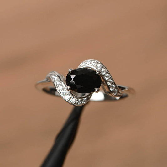 Natural Oval Cut Black Onyx Promise Ring - 925 Sterling Silver Ring