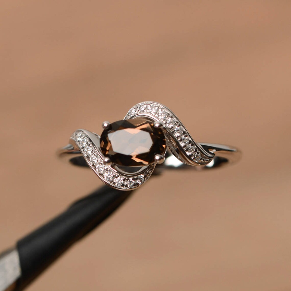 Natural Oval Cut Smoky Quartz Unique Promise Ring - 925 Sterling Silver Ring