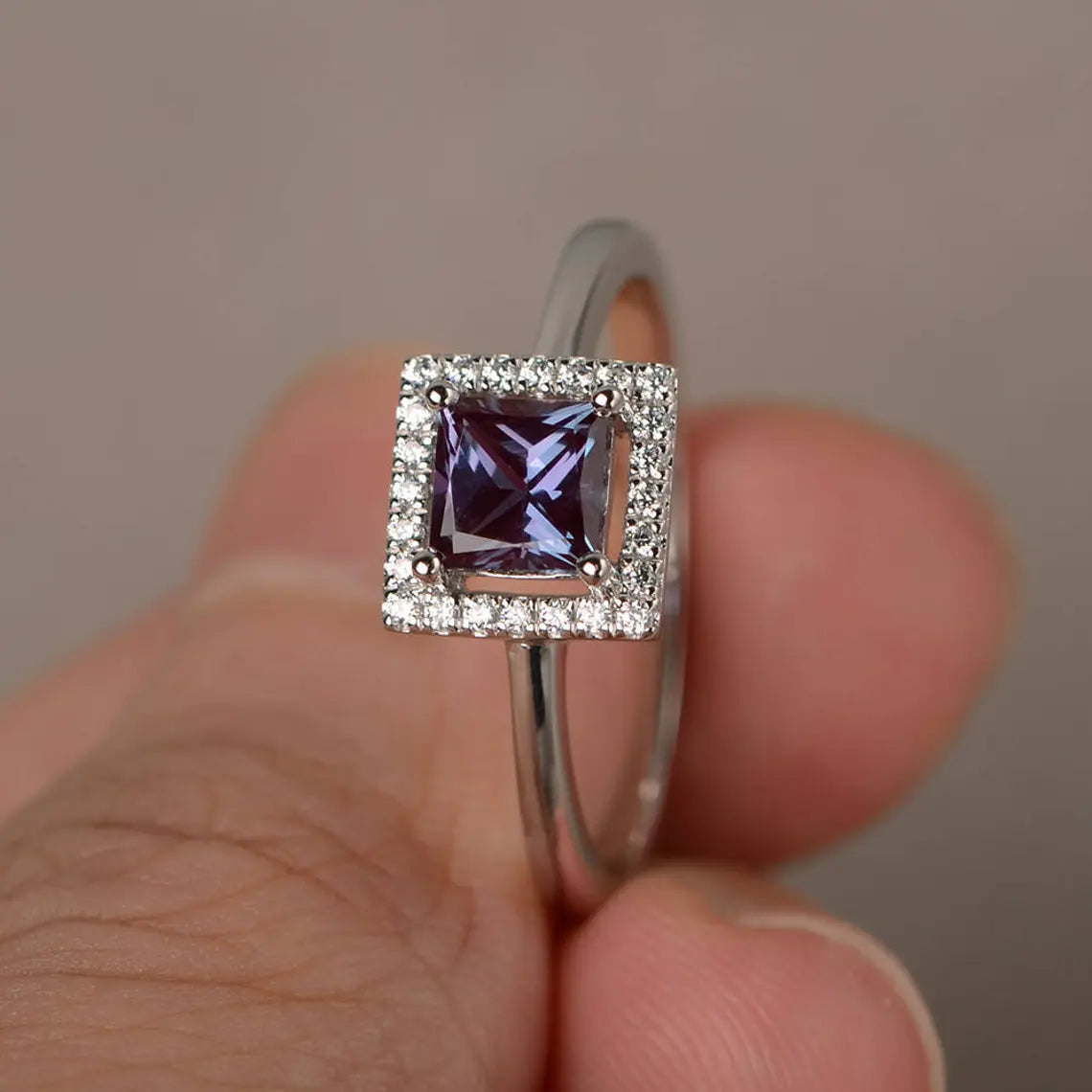 Alexandrite Halo Ring - 925 Solid Sterling Silver Ring