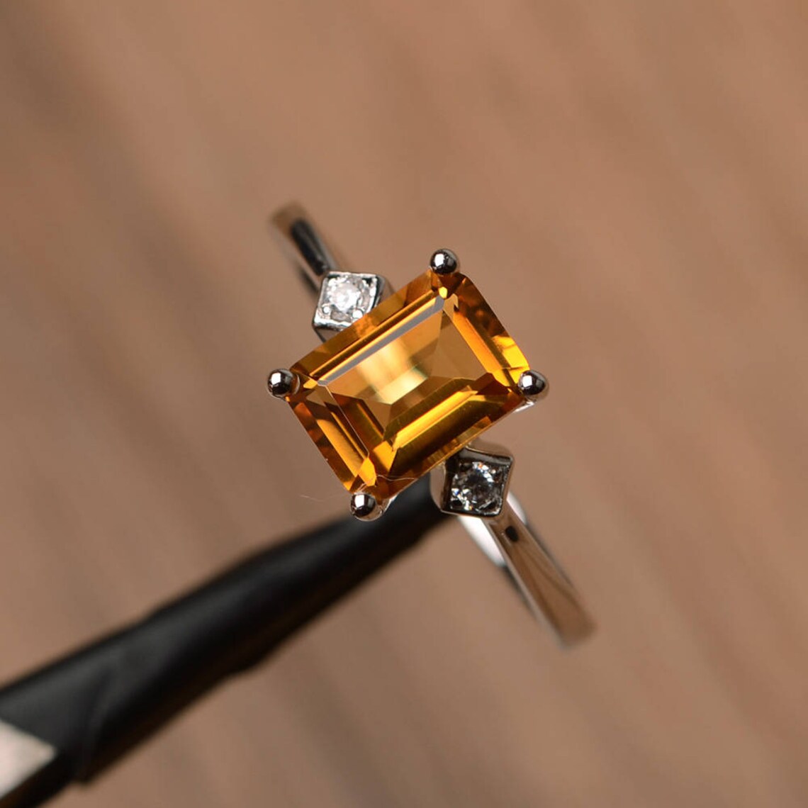 Natural Emerald Cut Citrine Simple Solitaire Ring 