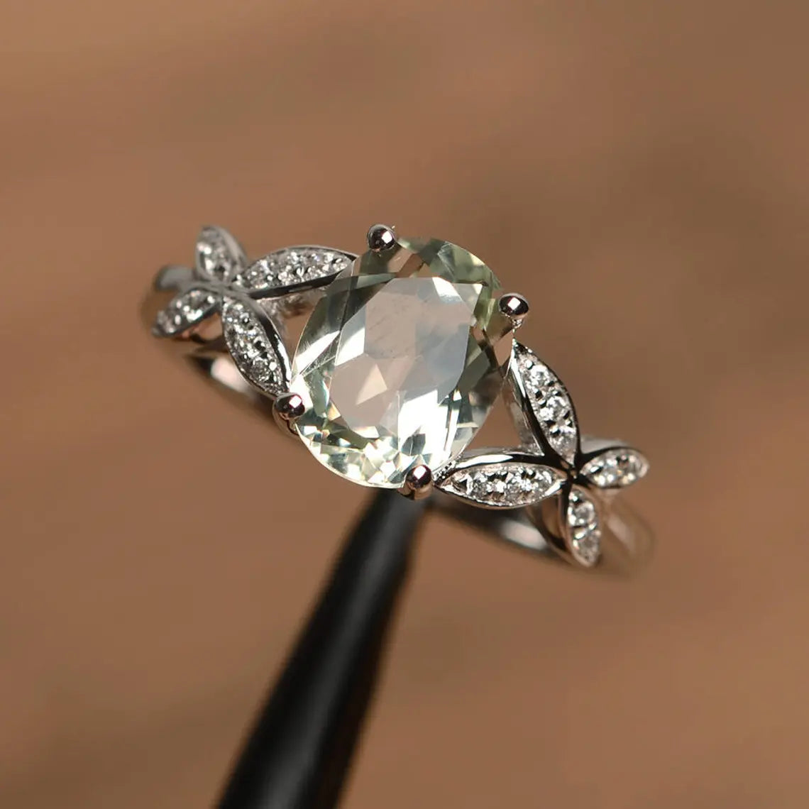 Natural Oval Cut Green Amethyst Promise Ring