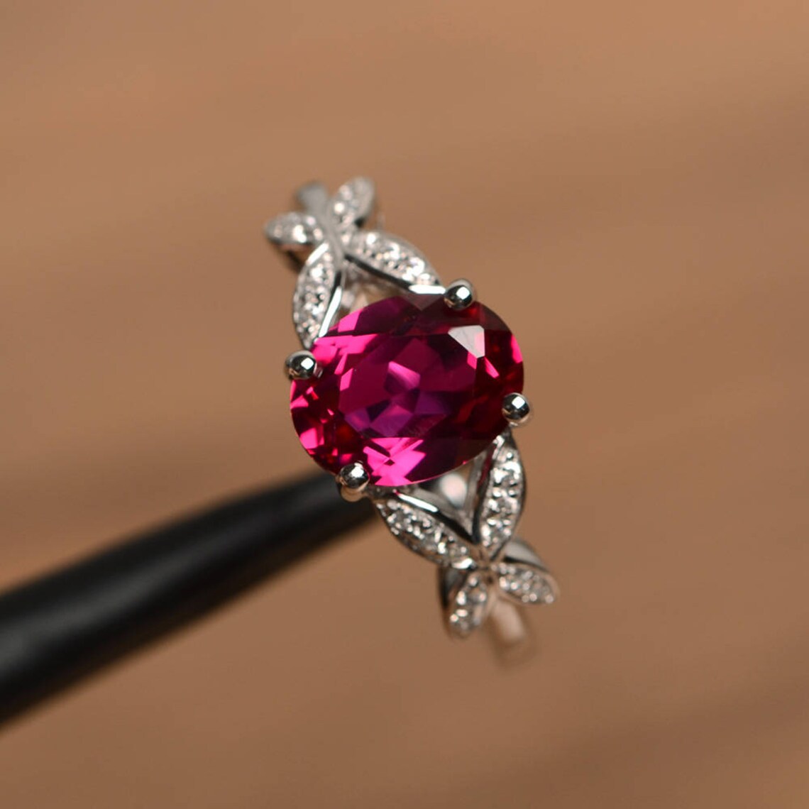 Cute Lab Created Oval Cut Ruby Unique Solitaire Rings - 925 Sterling Silver Rings
