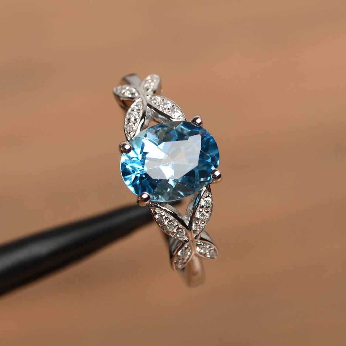 Natural Oval Cut Blue Topaz Unique Promise Solitaire Ring - 925 Sterling Silver Ring