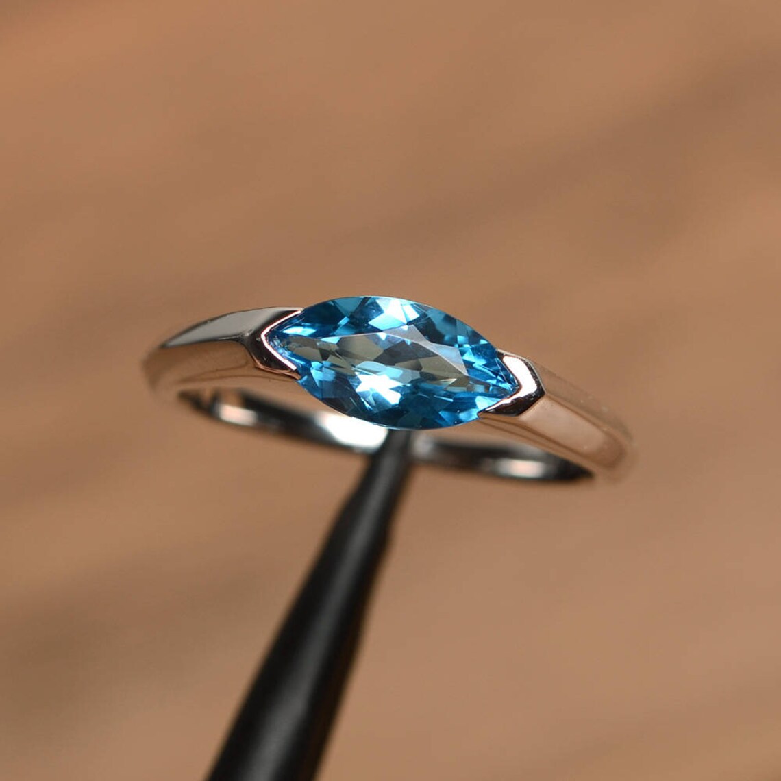 Natural Marquise Cut Swiss Blue Topaz Promise Ring