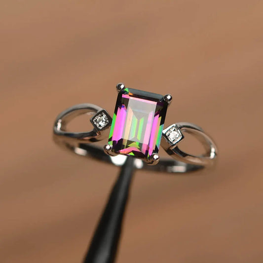 Natural Emerald Cut Mystic Topaz Promise Ring - 925 Sterling Silver Ring