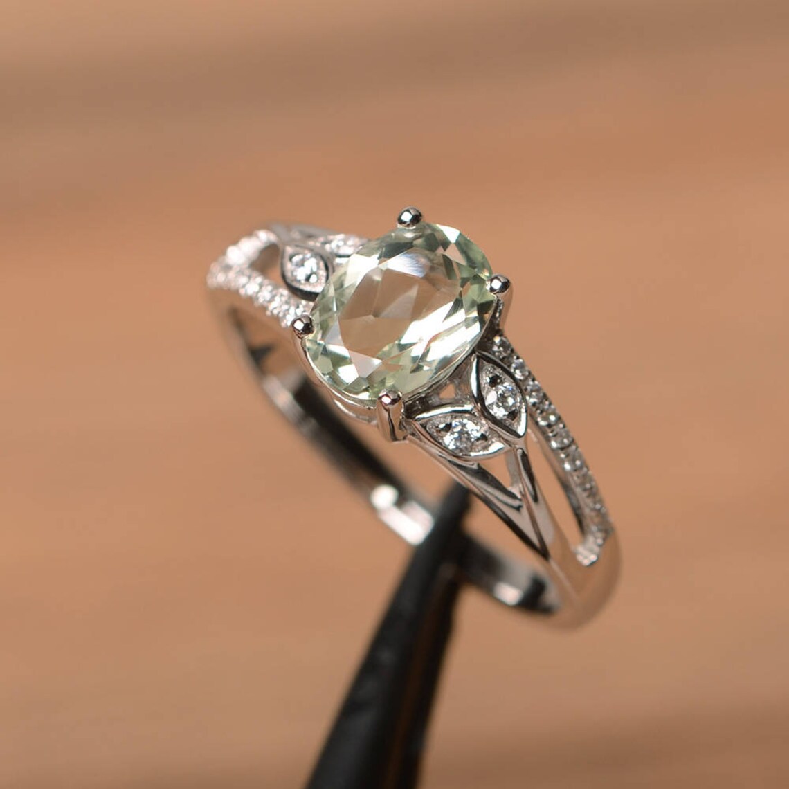 Natural Oval Cut Green Amethyst Vintage Engagement Ring - 925 Sterling Silver Ring