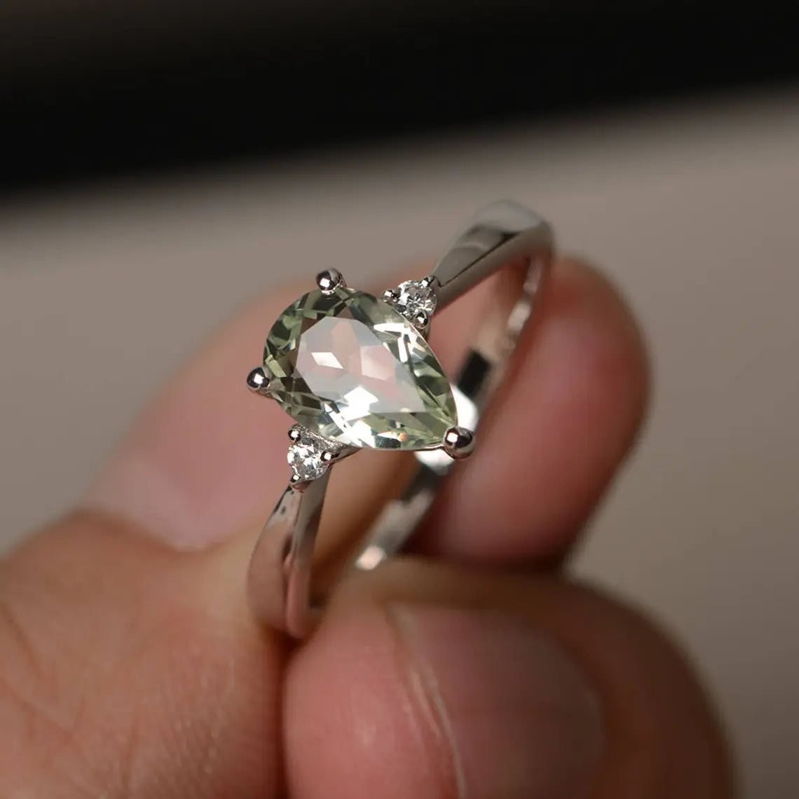 Cute Pear Cut Natural Prasiolite Ring - 925 Sterling Silver Statement Ring