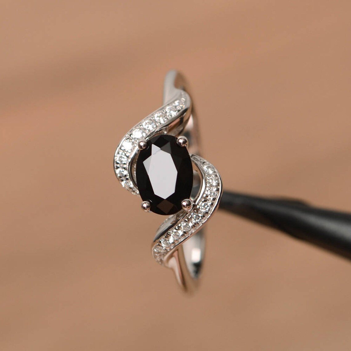 Bague de promesse en onyx noir taille ovale naturelle - Bague en argent sterling 925