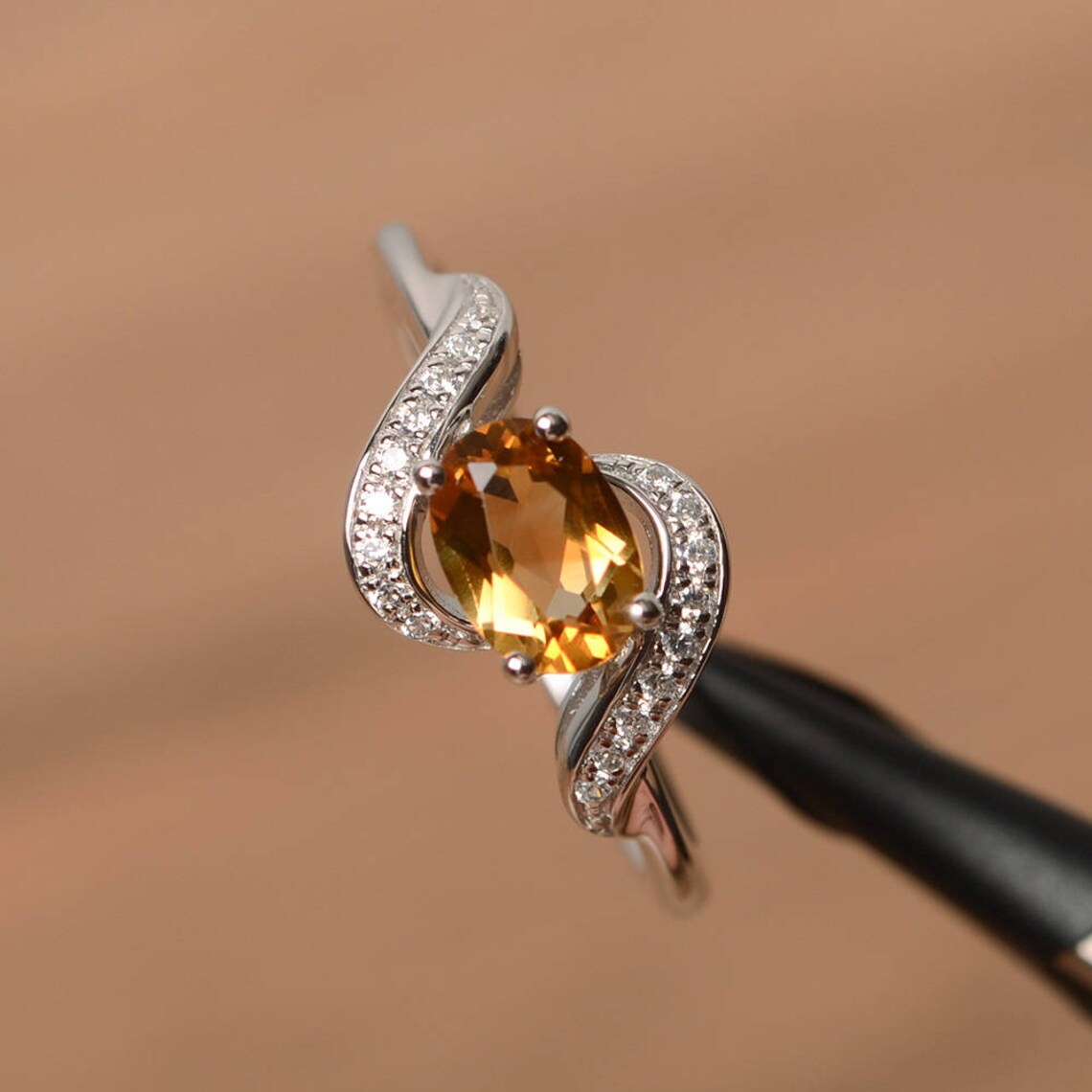 Natural Oval Cut Citrine Promise Statement Rings For Women - 925 Sterling Silver Ring