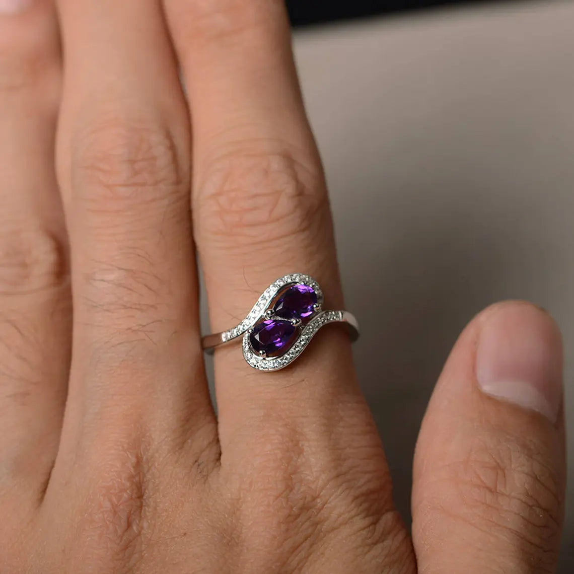 Natural Two Stone Pear Cut Amethyst Engagement Ring - 925 Sterling Silver Ring