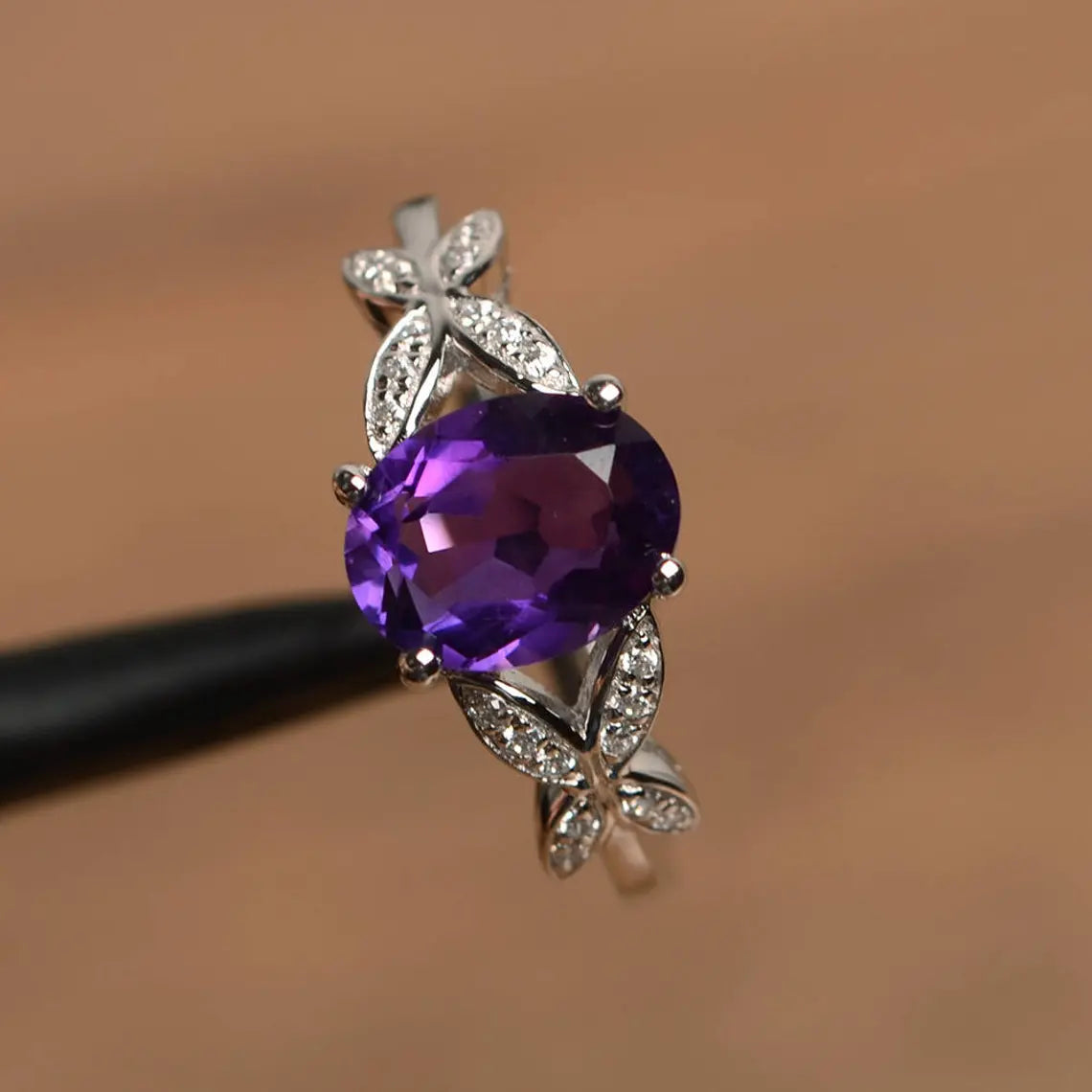 Natural Oval Cut Amethyst Unique Promise Ring - 925 Sterling Silver Ring